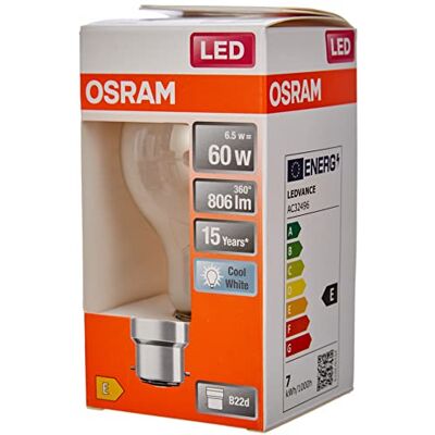 OSRAM Lámpara LED Star de filamento esmerilado, casquillo B22d, blanco frío (4000K), forma de bombilla, juego de recambio para bombillas convencionales de 60W, paquete de 6 OSRAM Lámpara LED Star de filamento esmerilado, casquillo B22d, blanco frío (4000K), forma de bombilla, juego de recambio para bombillas convencionales de 60W, paquete de 6
