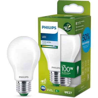 Philips Bombilla LED mate Ultra Eficiente, Casquillo E27 7.3W 1535 Lúmens, Luz Blanca Fría (4000k), Clase Energetica A Philips Bombilla LED mate Ultra Eficiente, Casquillo E27 7.3W 1535 Lúmens, Luz Blanca Fría (4000k), Clase Energetica A