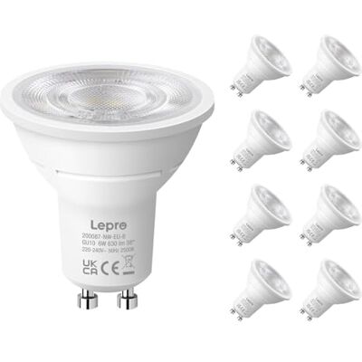 Lepro Bombilla LED GU10 6W(Equivalente a 80W), 630 lm, 4000K, Pack de 8 Bombillas LED Blanca Neutra, Ángulo de Haz de 38°, Ahorro de Energía, No Regulable, CRI>80 para Iluminación de Interior Lepro Bombilla LED GU10 6W(Equivalente a 80W), 630 lm, 4000K, Pack de 8 Bombillas LED Blanca Neutra, Ángulo de Haz de 38°, Ahorro de Energía, No Regulable, CRI>80 para Iluminación de Interior