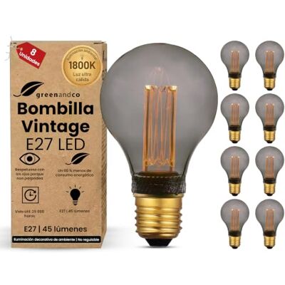 greenandco 8x Bombillas LED E27 luz calida Vintage A60 2W 45lm, grises Bombillas decorativas 1800K, Bombillas Vintage, ángulo de haz 320°, 230V, sin parpadeos, no regulables greenandco 8x Bombillas LED E27 luz calida Vintage A60 2W 45lm, grises Bombillas decorativas 1800K, Bombillas Vintage, ángulo de haz 320°, 230V, sin parpadeos, no regulables