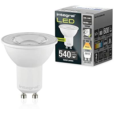 Integral Bombilla LED 5 PACK GU10 Cálido 2700K, 600LM, 5,7W (equivalente a 75W) regulable Eficiencia energética e ideal para focos y luces empotradas en baños, cocinas, salones, comedores Integral Bombilla LED 5 PACK GU10 Cálido 2700K, 600LM, 5,7W (equivalente a 75W) regulable Eficiencia energética e ideal para focos y luces empotradas en baños, cocinas, salones, comedores