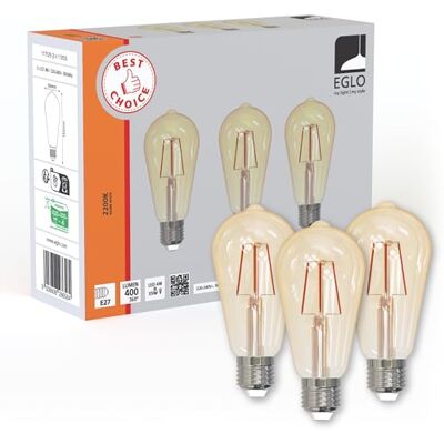 Eglo set de 3 lámparas de filamento LED con casquillo E27, bombillas Edison vintage ámbar, 4 vatios cada una, bombillas blanco cálido, 2200 K, 400 lúmenes, bombilla retro ST64, Ø 6,4 cm Eglo set de 3 lámparas de filamento LED con casquillo E27, bombillas Edison vintage ámbar, 4 vatios cada una, bombillas blanco cálido, 2200 K, 400 lúmenes, bombilla retro ST64, Ø 6,4 cm