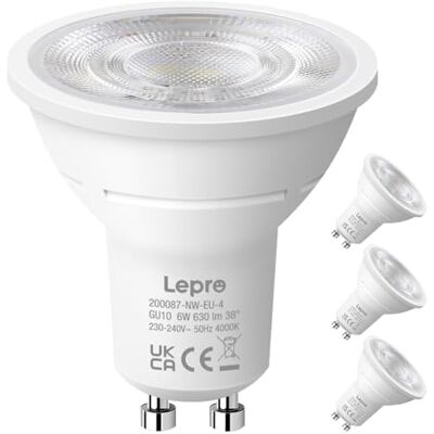 Lepro Bombilla LED GU10 6W(Equivalente a 80W), 630 lm, 4000K, Pack de 4 Bombillas LED Blanca Neutra, Ángulo de Haz de 38°, Ahorro de Energía, No Regulable, CRI>80 para Iluminación de Interior Lepro Bombilla LED GU10 6W(Equivalente a 80W), 630 lm, 4000K, Pack de 4 Bombillas LED Blanca Neutra, Ángulo de Haz de 38°, Ahorro de Energía, No Regulable, CRI>80 para Iluminación de Interior