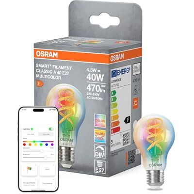 OSRAM Bombilla LED SMART+, forma de bombilla A40 RGBW E27, filamento, Matter-ready, controlable mediante aplicación, multicolor, conexión WiFi, 2700–6500 K OSRAM Bombilla LED SMART+, forma de bombilla A40 RGBW E27, filamento, Matter-ready, controlable mediante aplicación, multicolor, conexión WiFi, 2700–6500 K