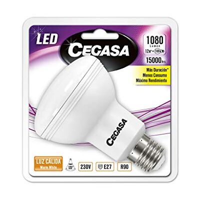 CEGASA LAMPARA LED R90 12W 1080 LM E27 BL1 Cal 3000K, Negro, Estandar CEGASA LAMPARA LED R90 12W 1080 LM E27 BL1 Cal 3000K, Negro, Estandar