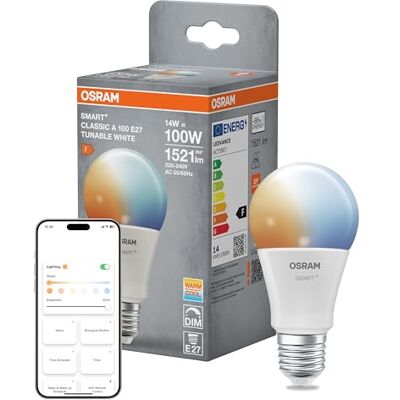 OSRAM Lámpara LED SMART+, A100, 14 W, 2700–6500 K, E27, con forma de bombilla, Tunable White, regulable, controlable mediante aplicación o voz, compatible con Matter OSRAM Lámpara LED SMART+, A100, 14 W, 2700–6500 K, E27, con forma de bombilla, Tunable White, regulable, controlable mediante aplicación o voz, compatible con Matter