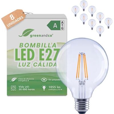 greenandco 8x Bombillas LED E27 luz calida, transparentes 5W 1055lm, G95 Bombillas E27 LED 2700K, sustituyen 75W, 320° 230V, sin parpadeo, clase de eficiencia energética A, no regulables greenandco 8x Bombillas LED E27 luz calida, transparentes 5W 1055lm, G95 Bombillas E27 LED 2700K, sustituyen 75W, 320° 230V, sin parpadeo, clase de eficiencia energética A, no regulables