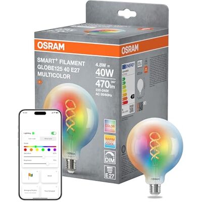 OSRAM Lámpara LED SMART+ Globo 125 Filamento E27, RGBW, compatible con Matter, WiFi, controlable mediante aplicación y asistente de voz, multicolor, regulable OSRAM Lámpara LED SMART+ Globo 125 Filamento E27, RGBW, compatible con Matter, WiFi, controlable mediante aplicación y asistente de voz, multicolor, regulable