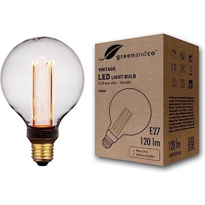 greenandco Bombilla Vintage E27 LED regulable G95 3,5W 120lm, clara Bombilla decorativa 1800K, Bombilla calida, ángulo de haz 320°, 230V, sin parpadeos greenandco Bombilla Vintage E27 LED regulable G95 3,5W 120lm, clara Bombilla decorativa 1800K, Bombilla calida, ángulo de haz 320°, 230V, sin parpadeos