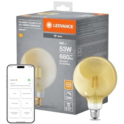 LEDVANCE Bombillas WiFi E27, Forma de globo clásico, diseño de filamento, 6W, blanco cálido, paquete de 1 LEDVANCE Bombillas WiFi E27, Forma de globo clásico, diseño de filamento, 6W, blanco cálido, paquete de 1