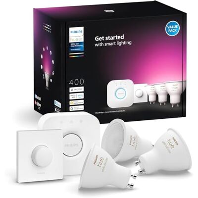 Philips Kit Inicio: 3 Bombillas LED Inteligentes GU10 + Hue Bridge + Botón Inteligente, 400 lúmenes, 4.2W, Luz Blanca y de Colores, Regulable, Compatible con Alexa, Google Assistant Philips Kit Inicio: 3 Bombillas LED Inteligentes GU10 + Hue Bridge + Botón Inteligente, 400 lúmenes, 4.2W, Luz Blanca y de Colores, Regulable, Compatible con Alexa, Google Assistant