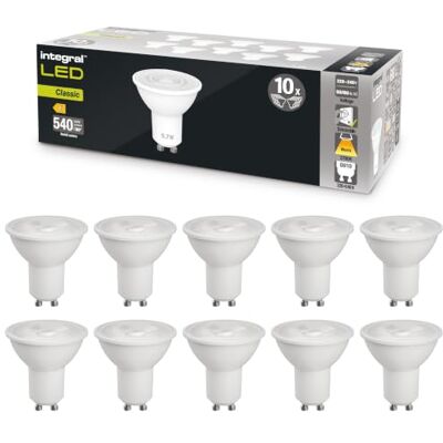 Integral LED GU10 Blanco cálido 2700K, 600 lm, 5,7 W (equivalente a 75 W), regulable, bajo consumo, ideal para focos y luces empotradas en baño, cocina, salón, pack de 10 Integral LED GU10 Blanco cálido 2700K, 600 lm, 5,7 W (equivalente a 75 W), regulable, bajo consumo, ideal para focos y luces empotradas en baño, cocina, salón, pack de 10