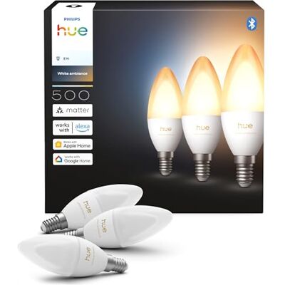 Philips Smart Bombilla E14 Vela LED, B39, 3 Ud, White Ambiance, Luz de Espectro Completo 1000 K-20000 K, 500 lm, Regulación Ultrabaja, Alexa, Google Home, Apple Home Philips Smart Bombilla E14 Vela LED, B39, 3 Ud, White Ambiance, Luz de Espectro Completo 1000 K-20000 K, 500 lm, Regulación Ultrabaja, Alexa, Google Home, Apple Home