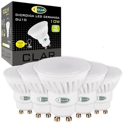 CLAR GU10 LED, Bombilla LED GU10, Bombillas LED Luz Fria 10W (Pack 5) CLAR GU10 LED, Bombilla LED GU10, Bombillas LED Luz Fria 10W (Pack 5)