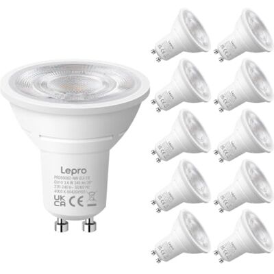 Lepro Bombilla LED GU10 3.6W(Equivalente a 50W), 345 lm, 4000K, Pack de 10 Blanca Neutra 4000K, Ángulo de Haz de 38°, Bajo Consumo, CRI>80, No regulable, Sin Parpadeos para Iluminación de Interior Lepro Bombilla LED GU10 3.6W(Equivalente a 50W), 345 lm, 4000K, Pack de 10 Blanca Neutra 4000K, Ángulo de Haz de 38°, Bajo Consumo, CRI>80, No regulable, Sin Parpadeos para Iluminación de Interior