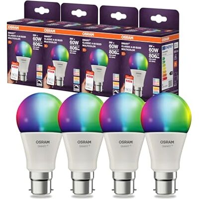 OSRAM Lámpara LED inteligente A60, forma de bombilla B22D, 9 W, ZigBee 3.0, RGBW, 16 millones de colores, regulable, control mediante aplicación, Alexa.,4-Pack OSRAM Lámpara LED inteligente A60, forma de bombilla B22D, 9 W, ZigBee 3.0, RGBW, 16 millones de colores, regulable, control mediante aplicación, Alexa.,4-Pack