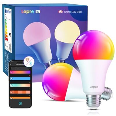 Lepro B3 AI Bombilla Inteligente Alexa LED E27 12W RGB Regulable 2 Pieza Wi-Fi Control de Voz y Sync de Música, Diseñador de Iluminación AI Personalizado, Funciona con Alexa, Google Home Lepro B3 AI Bombilla Inteligente Alexa LED E27 12W RGB Regulable 2 Pieza Wi-Fi Control de Voz y Sync de Música, Diseñador de Iluminación AI Personalizado, Funciona con Alexa, Google Home