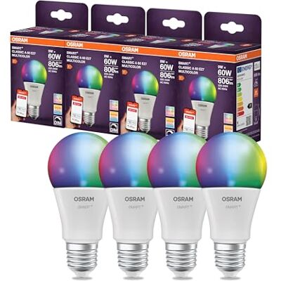 OSRAM Lámpara LED inteligente A60, forma de bombilla E27, 9 W, ZigBee 3.0, RGBW, 16 millones de colores, regulable, control mediante aplicación, Alexa.,4-Pack OSRAM Lámpara LED inteligente A60, forma de bombilla E27, 9 W, ZigBee 3.0, RGBW, 16 millones de colores, regulable, control mediante aplicación, Alexa.,4-Pack