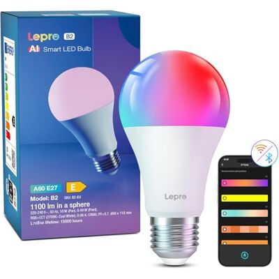 Lepro B2 AI Bombilla LED Inteligente, E27 Bombilla WiFi 10W 1100LM 1Pcs Regulable RGB Diseñador de Iluminación AI Personalizado, Compatible con Alexa y Google Home, Control por Voz, Sync de Música Lepro B2 AI Bombilla LED Inteligente, E27 Bombilla WiFi 10W 1100LM 1Pcs Regulable RGB Diseñador de Iluminación AI Personalizado, Compatible con Alexa y Google Home, Control por Voz, Sync de Música