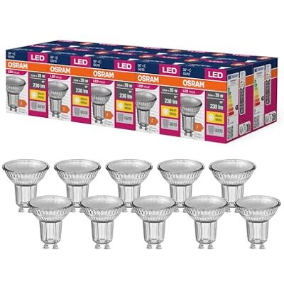 OSRAM Bombilla reflectora LED Star Value PAR16 con ángulo de haz de 36 grados, base GU10, 2,6 W, blanco cálido (2700 K), repuesto para focos tradicionales de 35 W, paquete de 10 OSRAM Bombilla reflectora LED Star Value PAR16 con ángulo de haz de 36 grados, base GU10, 2,6 W, blanco cálido (2700 K), repuesto para focos tradicionales de 35 W, paquete de 10
