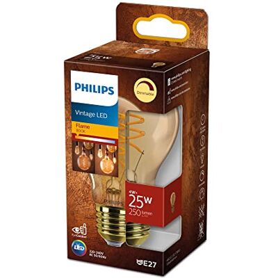 Philips LED Bombilla LED Clásica de Filamento, A60 E27, Luz Llama Regulable, 25W Philips LED Bombilla LED Clásica de Filamento, A60 E27, Luz Llama Regulable, 25W