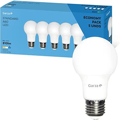 Garza Pack de 5 Bombillas LED Estándar A60, 9W (equivalente a 60W de incandescencia), Luz fría 6500K, E27 casquillo grueso, Ángulo 240º, 810 lm Garza Pack de 5 Bombillas LED Estándar A60, 9W (equivalente a 60W de incandescencia), Luz fría 6500K, E27 casquillo grueso, Ángulo 240º, 810 lm