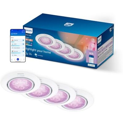 Philips Kit Bombillas GU10, Pack de 4, Luz Blanca Ajustable y de Color, Solución Total, Cabezal Inclinable, Regulable, Control por App y Voz, Blanco Philips Kit Bombillas GU10, Pack de 4, Luz Blanca Ajustable y de Color, Solución Total, Cabezal Inclinable, Regulable, Control por App y Voz, Blanco