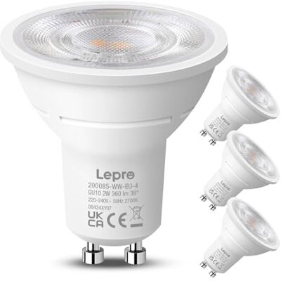 Lepro Bombilla LED GU10 2W(Equivalente a 50W), 360 lm, 2700K, Pack de 4 Bombillas LED Blanca Cálida, Class A, Ángulo de Haz de 38°, Bajo Consumo, No Regulable, CRI>80 para Iluminación de Interior Lepro Bombilla LED GU10 2W(Equivalente a 50W), 360 lm, 2700K, Pack de 4 Bombillas LED Blanca Cálida, Class A, Ángulo de Haz de 38°, Bajo Consumo, No Regulable, CRI>80 para Iluminación de Interior