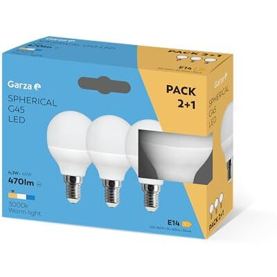 Garza Pack 2+1 Bombillas Led Esférica, Casquillo E14, Luz Neutra 3000K, 42W, 470 Lúmenes, G45, No Regulable Garza Pack 2+1 Bombillas Led Esférica, Casquillo E14, Luz Neutra 3000K, 42W, 470 Lúmenes, G45, No Regulable