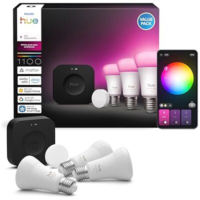 Philips Starter Kit Pro: Hue Bridge Pro + Smart Button + 3 bombillas led inteligentes E27, luz blanca y colores, compatible con Matter, Apple Home, Amazon Alexa, Google Home, Samsung SmartThings Philips Starter Kit Pro: Hue Bridge Pro + Smart Button + 3 bombillas led inteligentes E27, luz blanca y colores, compatible con Matter, Apple Home, Amazon Alexa, Google Home, Samsung SmartThings