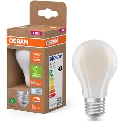 OSRAM Energy Class con forma de bombilla clásica, 2,2 W / 470 lm, EEK A, luz blanca fría (4000 K), CRI 80, fabricada en vidrio transparente sin plomo, E27, IP20, 60 mm DM, tenue, paquete de 6 unidades OSRAM Energy Class con forma de bombilla clásica, 2,2 W / 470 lm, EEK A, luz blanca fría (4000 K), CRI 80, fabricada en vidrio transparente sin plomo, E27, IP20, 60 mm DM, tenue, paquete de 6 unidades