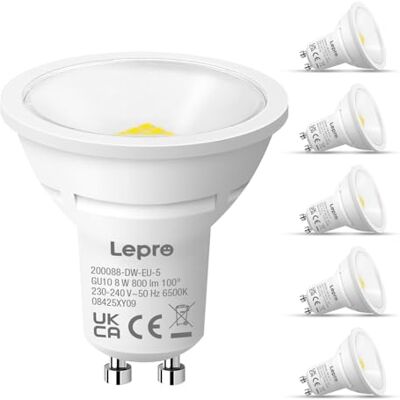 Lepro Bombilla LED GU10 8W(Equivalente a 65W), 800 lm, 6500K, Pack de 5 Bombillas LED Blanca Fría, Ángulo de Haz de 100°, No Regulable, Larga Duración y Bajo Consumo para Iluminación de Interior Lepro Bombilla LED GU10 8W(Equivalente a 65W), 800 lm, 6500K, Pack de 5 Bombillas LED Blanca Fría, Ángulo de Haz de 100°, No Regulable, Larga Duración y Bajo Consumo para Iluminación de Interior
