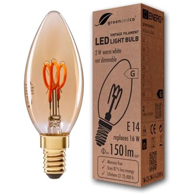 greenandco Bombilla LED E14 luz calida Vintage C35 2W 150lm, dorado Bombilla decorativa Vintage 2000K, ángulo de haz 360°, 230V, sin parpadeo, no regulable, bombilla de filamento greenandco Bombilla LED E14 luz calida Vintage C35 2W 150lm, dorado Bombilla decorativa Vintage 2000K, ángulo de haz 360°, 230V, sin parpadeo, no regulable, bombilla de filamento