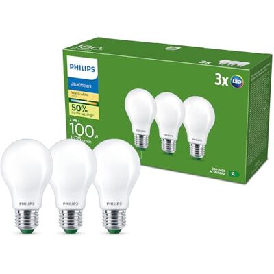 Philips UltraEfficient Bombilla LED, paquete de 3, A60, E27, 1535 Lúmenes, 100 W, Ahorro de Energía, EyeComfort, Larga Duración, Luz Blanca Cálida 2700 K, Diseño Clásico, Bombilla Bajo Consumo Mate Philips UltraEfficient Bombilla LED, paquete de 3, A60, E27, 1535 Lúmenes, 100 W, Ahorro de Energía, EyeComfort, Larga Duración, Luz Blanca Cálida 2700 K, Diseño Clásico, Bombilla Bajo Consumo Mate