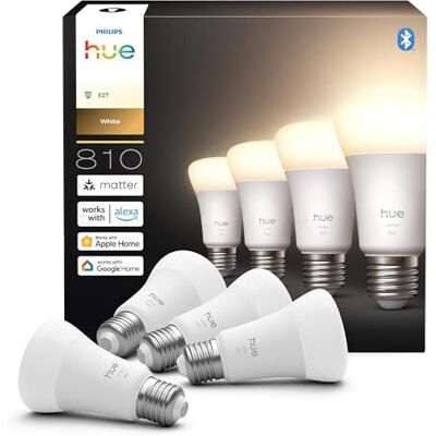 Philips Bombillas LED Inteligentes A60, White, luz blanca cálida 2700 K, E27, 9,5 W, 810 lm, Regulable, funciona con Alexa, Google Assistant y Apple Home, Pack de 4 Philips Bombillas LED Inteligentes A60, White, luz blanca cálida 2700 K, E27, 9,5 W, 810 lm, Regulable, funciona con Alexa, Google Assistant y Apple Home, Pack de 4