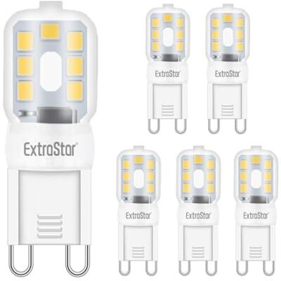 EXTRASTAR Bombilla LED G9, equivalente a lámpara halógena de 20 W, luz blanca cálida 3000 K no regulable 360 grados, 6 piezas 2.5W EXTRASTAR Bombilla LED G9, equivalente a lámpara halógena de 20 W, luz blanca cálida 3000 K no regulable 360 grados, 6 piezas 2.5W