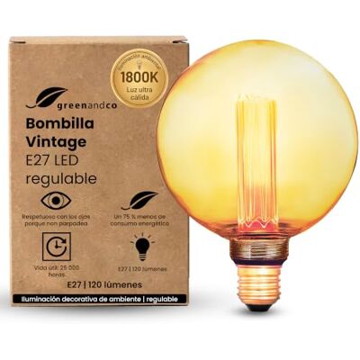 greenandco Bombilla Vintage E27 LED regulable G125 3,5W 120lm, dorada Bombilla decorativa 1800K, Bombilla calida, ángulo de haz 320°, 230V, sin parpadeos greenandco Bombilla Vintage E27 LED regulable G125 3,5W 120lm, dorada Bombilla decorativa 1800K, Bombilla calida, ángulo de haz 320°, 230V, sin parpadeos
