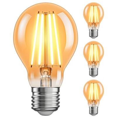 ledscom.de 4 bombillas LED E27, A60, blanco extra cálido (2400 K), 7 W, 778 lm, regulador de intensidad de 3 niveles, color dorado ledscom.de 4 bombillas LED E27, A60, blanco extra cálido (2400 K), 7 W, 778 lm, regulador de intensidad de 3 niveles, color dorado