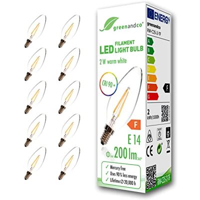 greenandco 10x Bombilla de filamento LED IRC 90+ E14 2W (corresponde a 20W) 200lm 2700K (blanco cálido) 360° 230V AC vidrio, sin parpadeo, no regulable greenandco 10x Bombilla de filamento LED IRC 90+ E14 2W (corresponde a 20W) 200lm 2700K (blanco cálido) 360° 230V AC vidrio, sin parpadeo, no regulable