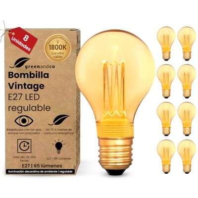 greenandco 8x Bombillas Vintage E27 LED regulables A60 2,3W 65lm, doradas Bombillas decorativas 1800K, Bombillas calidas, ángulo de haz 320°, 230V, sin parpadeos greenandco 8x Bombillas Vintage E27 LED regulables A60 2,3W 65lm, doradas Bombillas decorativas 1800K, Bombillas calidas, ángulo de haz 320°, 230V, sin parpadeos