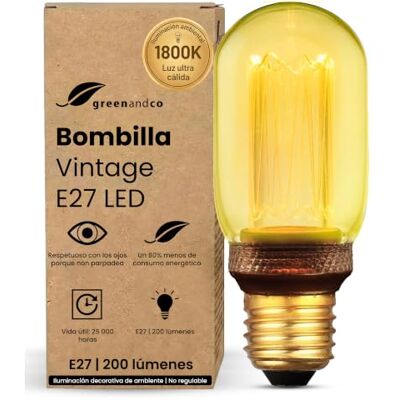 greenandco Bombilla LED E27 luz calida Vintage T45 4W 200lm, dorada Bombilla decorativa 1800K, Bombilla Vintage, ángulo de haz 320°, 230V, sin parpadeos, no regulable greenandco Bombilla LED E27 luz calida Vintage T45 4W 200lm, dorada Bombilla decorativa 1800K, Bombilla Vintage, ángulo de haz 320°, 230V, sin parpadeos, no regulable