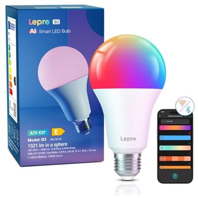 Lepro B3 AI Bombilla Inteligente Alexa LED E27 12W RGB Regulable 1 Pieza Wi-Fi Control de Voz y Sync de Música, Diseñador de Iluminación AI Personalizado, Funciona con Alexa, Google Home Lepro B3 AI Bombilla Inteligente Alexa LED E27 12W RGB Regulable 1 Pieza Wi-Fi Control de Voz y Sync de Música, Diseñador de Iluminación AI Personalizado, Funciona con Alexa, Google Home