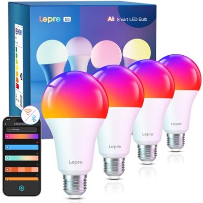 Lepro B3 AI Bombilla Inteligente Alexa LED E27 12W RGB Regulable 4 Pieza Wi-Fi Control de Voz y Sync de Música, Diseñador de Iluminación AI Personalizado, Funciona con Alexa, Google Home Lepro B3 AI Bombilla Inteligente Alexa LED E27 12W RGB Regulable 4 Pieza Wi-Fi Control de Voz y Sync de Música, Diseñador de Iluminación AI Personalizado, Funciona con Alexa, Google Home