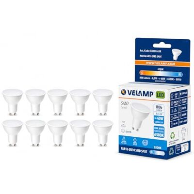 Velamp 10 bombillas LED GU10, 8 vatios (equivalente a 60 vatios de halógena), 806 lúmenes, luz blanca fría de 6500 K, ángulo de haz de 110 grados, bombilla LED no regulable. Velamp 10 bombillas LED GU10, 8 vatios (equivalente a 60 vatios de halógena), 806 lúmenes, luz blanca fría de 6500 K, ángulo de haz de 110 grados, bombilla LED no regulable.