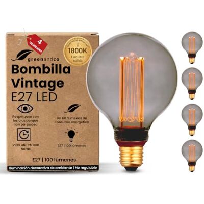 greenandco 4x Bombillas LED E27 luz calida Vintage G95 4W 100lm, grises Bombillas decorativas 1800K, Bombillas Vintage, ángulo de haz 320°, 230V, sin parpadeos, no regulables greenandco 4x Bombillas LED E27 luz calida Vintage G95 4W 100lm, grises Bombillas decorativas 1800K, Bombillas Vintage, ángulo de haz 320°, 230V, sin parpadeos, no regulables