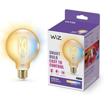 WiZ Bombilla LED Inteligente Wi-Fi 6,5W (Eq. 25W) G200 casquillo E27, Filamento Ámbar, Luz Blanca regulable, con tecnología SpaceSense y compatible con Alexa y Google Home WiZ Bombilla LED Inteligente Wi-Fi 6,5W (Eq. 25W) G200 casquillo E27, Filamento Ámbar, Luz Blanca regulable, con tecnología SpaceSense y compatible con Alexa y Google Home