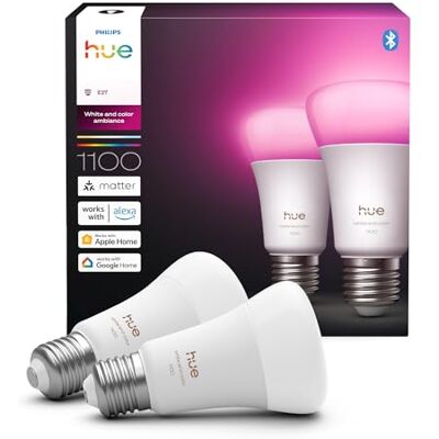 Philips Bombillas LED Inteligentes A60, White and Color Ambiance, Luz blanca y de colores, E27, 8,1 W, Regulable 1000-20.000 K, 1100 lm, Alexa, Google Assistant y Apple Home, Pack de 2 Philips Bombillas LED Inteligentes A60, White and Color Ambiance, Luz blanca y de colores, E27, 8,1 W, Regulable 1000-20.000 K, 1100 lm, Alexa, Google Assistant y Apple Home, Pack de 2