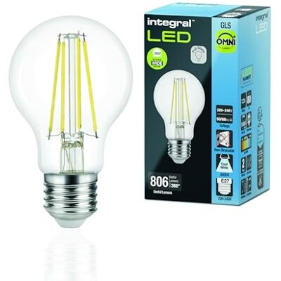 Integral LED E27 GLS A60 Omni-filamento Blanco Frío 4000 K, 806 LM, 5.9W (equivalente a 60 W) Bombilla No Regulable Paquete de 4 Eficiencia energética para dormitorios, pasillos y salones Integral LED E27 GLS A60 Omni-filamento Blanco Frío 4000 K, 806 LM, 5.9W (equivalente a 60 W) Bombilla No Regulable Paquete de 4 Eficiencia energética para dormitorios, pasillos y salones