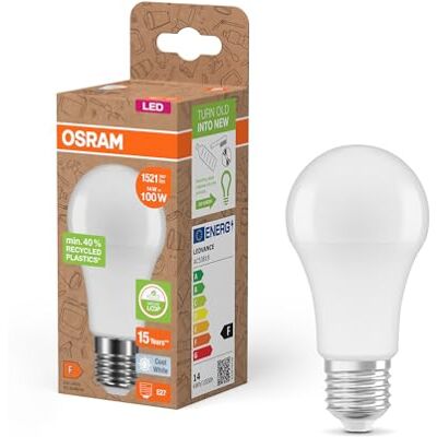 OSRAM Bombillas LED E14, LED Star A 100 Reciclaje 14W, 4000K blanco frío, mate, 1521 lm, 40% plástico reciclado, reemplaza bombillas tradicionales de 100W OSRAM Bombillas LED E14, LED Star A 100 Reciclaje 14W, 4000K blanco frío, mate, 1521 lm, 40% plástico reciclado, reemplaza bombillas tradicionales de 100W