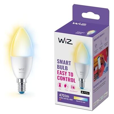 WiZ Bombilla LED Inteligente Wi-Fi, 4,9W(Eq. 40 W) E14 tipo vela, Luz Blanca y de Colores, con tecnología SpaceSense y compatible con Alexa y Google Home WiZ Bombilla LED Inteligente Wi-Fi, 4,9W(Eq. 40 W) E14 tipo vela, Luz Blanca y de Colores, con tecnología SpaceSense y compatible con Alexa y Google Home
